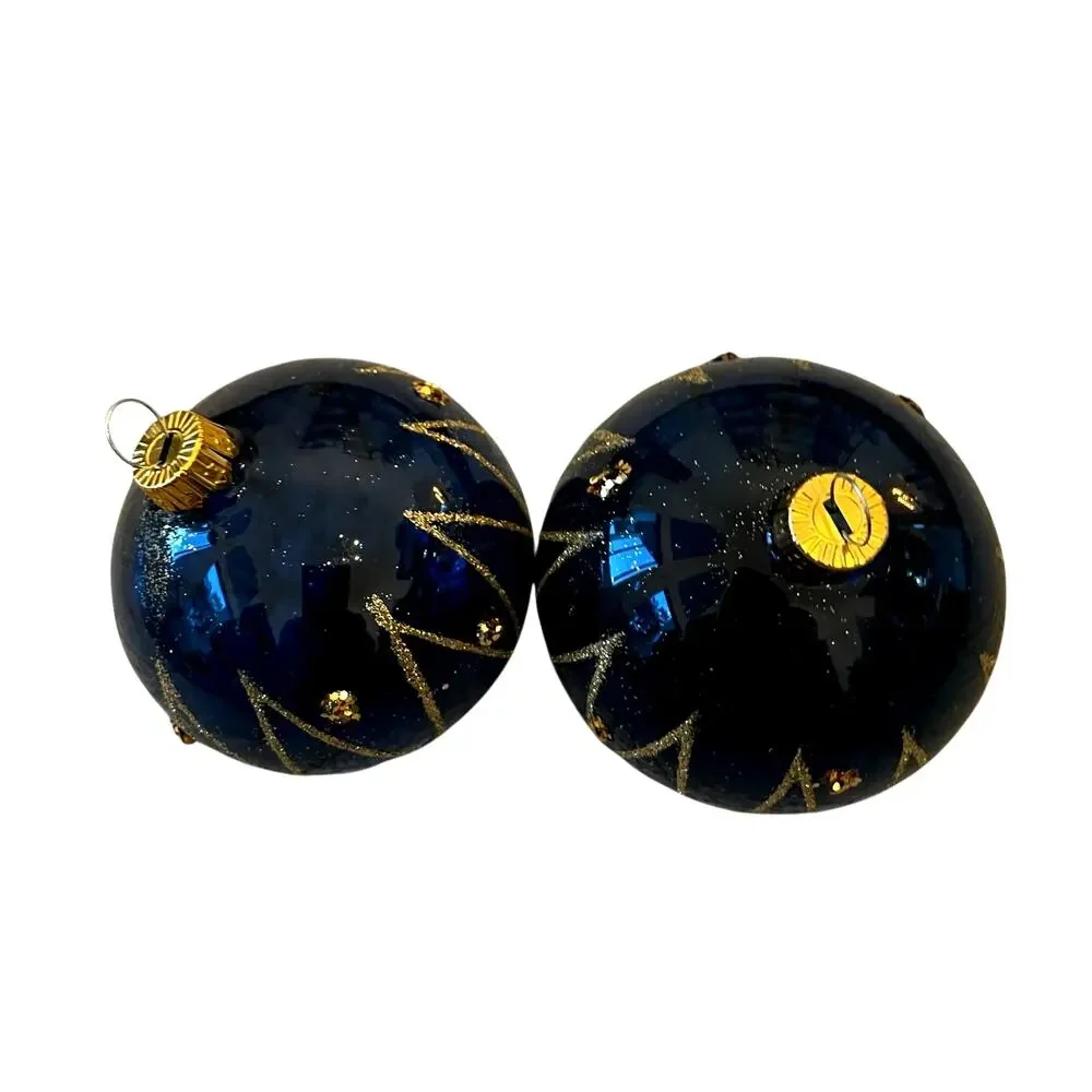 VITBIS Handcrafted Glass Ornaments Set of 6 Navy Blue & Gold Made in Poland NEW